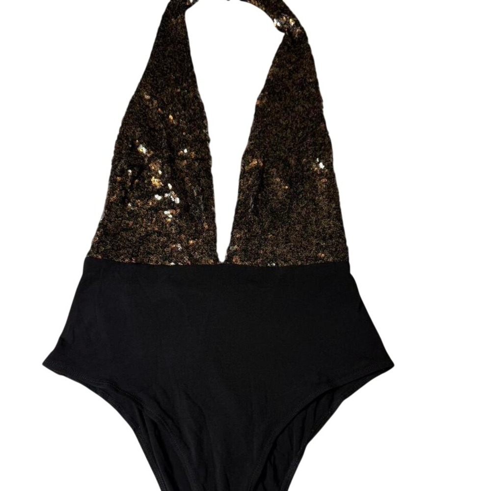 Black Gold Sequin Halter Bodysuit Plunge Neck Party Clubwear Size L